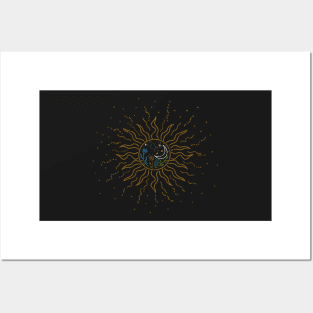 Sun with flowers, moon, planet, stars inside Posters and Art